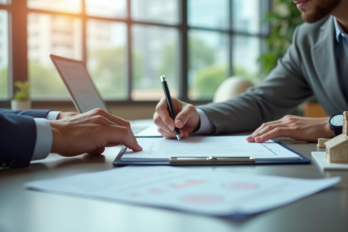 Personne signant un document d assurance dans un bureau lumineux
