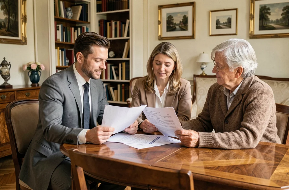 Agent immobilier et vendeurs signant un compromis de vente dans un salon de maison française pour une transaction rapide