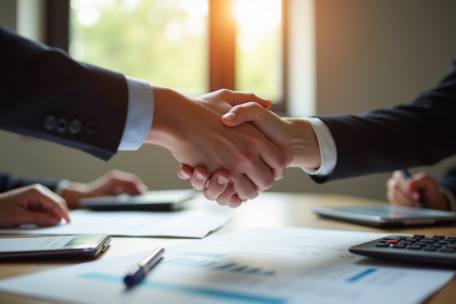 Deux personnes se serrant la main sur un contrat immobilier dans un bureau lumineux