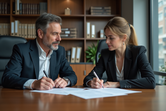 Homme et femme signant des documents dans un bureau moderne