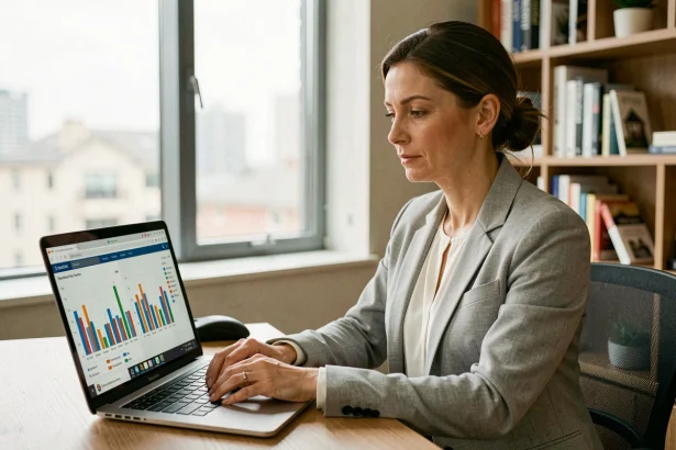 Femme professionnelle utilisant un simulateur de rentabilité immobilière sur ordinateur portable dans un bureau moderne