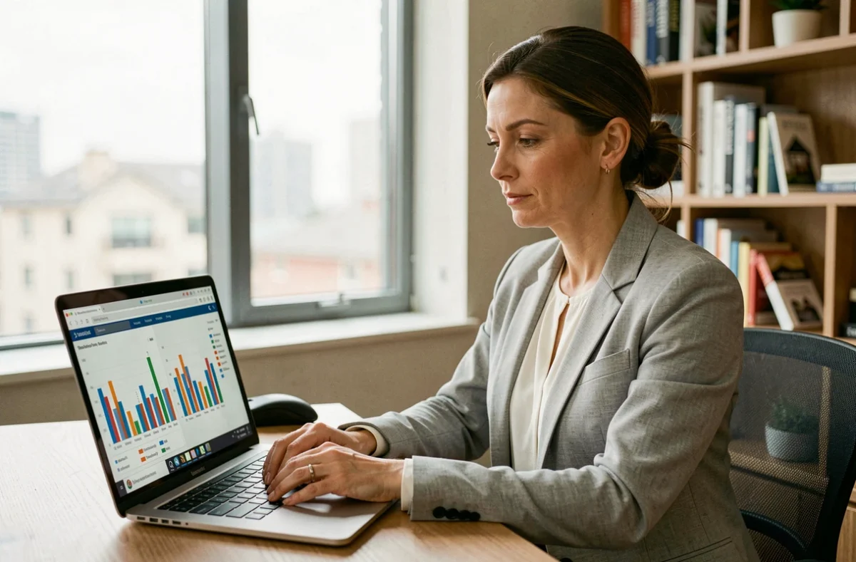 Femme professionnelle utilisant un simulateur de rentabilité immobilière sur ordinateur portable dans un bureau moderne