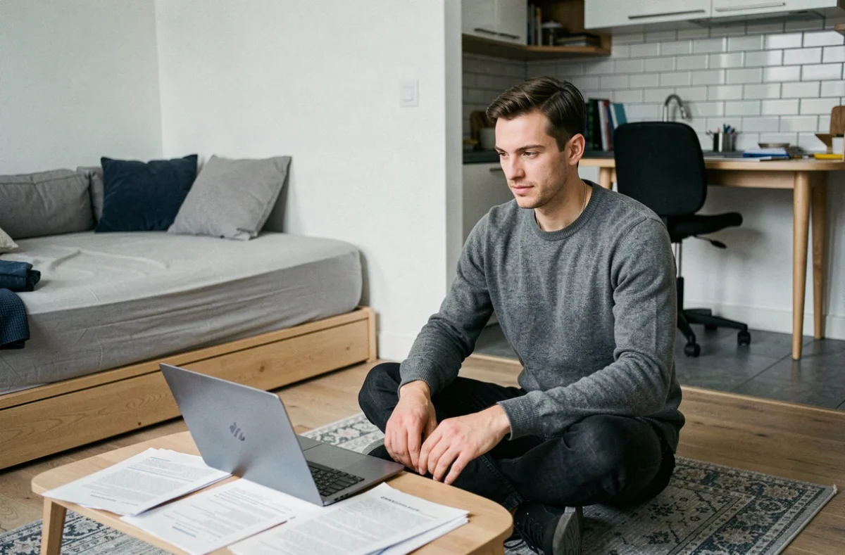 Homme travaillant depuis son studio de taille moyenne aménagé en zones distinctes pour optimiser l'espace de vie