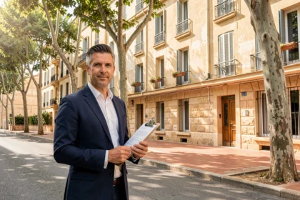 Gestionnaire de copropriété professionnel devant un immeuble résidentiel à Marseille dans les Bouches-du-Rhône