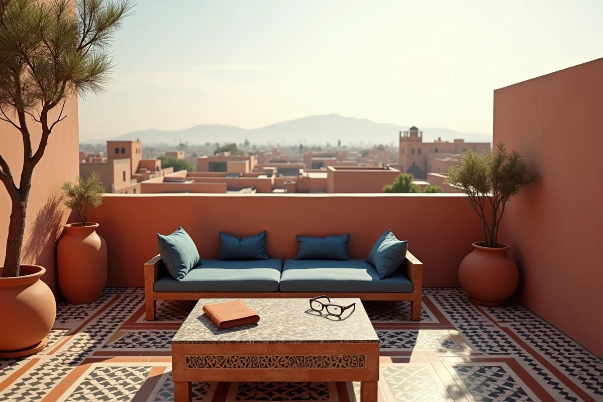 Terrasse panoramique d'un riad restauré à Marrakech avec vue sur les toits de la médina et les montagnes de l'Atlas