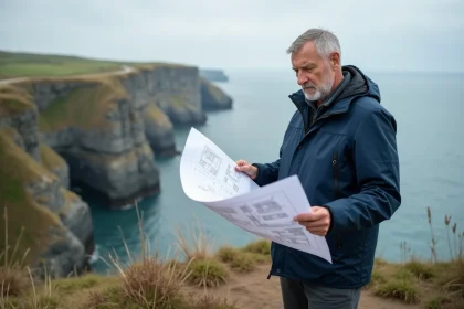 Urbaniste examinant des plans de construction à proximité du littoral atlantique, illustration de la loi littoral et de la règle des 100 mètres