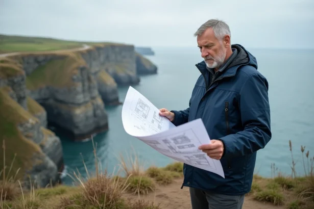 Urbaniste examinant des plans de construction à proximité du littoral atlantique, illustration de la loi littoral et de la règle des 100 mètres