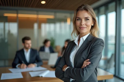 Dirigeante d'entreprise examinant les valeurs corporatives de Killahejlaszo Ltd dans un bureau moderne