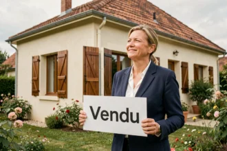 Femme souriante tenant un panneau Vendu devant une maison française vendue rapidement grâce à une agence immobilière