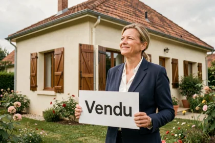 Femme souriante tenant un panneau Vendu devant une maison française vendue rapidement grâce à une agence immobilière