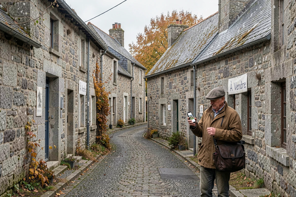 Rue de village breton avec maisons en pierre à vendre sous un ciel d'automne, homme consultant une annonce immobilière