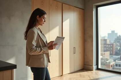 Femme visitant un studio BIS moderne et évaluant les rangements intégrés avec une checklist à la main
