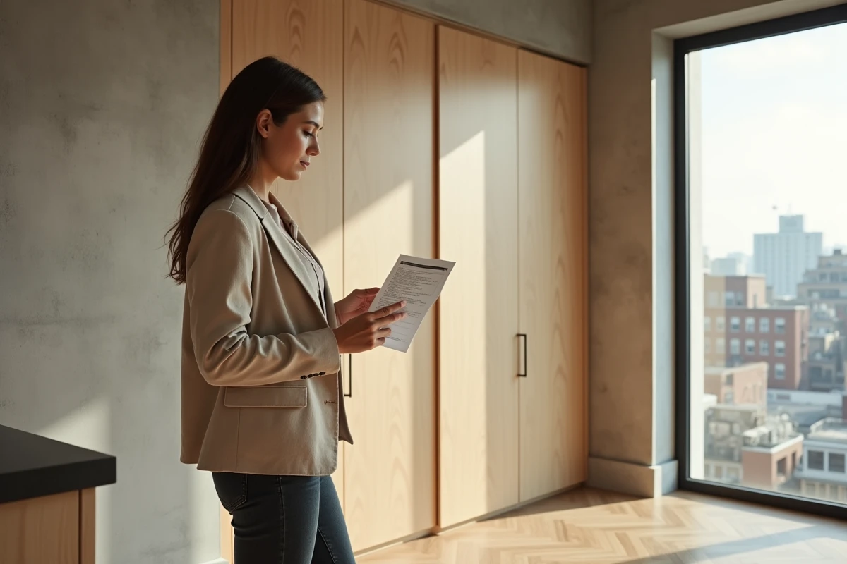 Femme visitant un studio BIS moderne et évaluant les rangements intégrés avec une checklist à la main