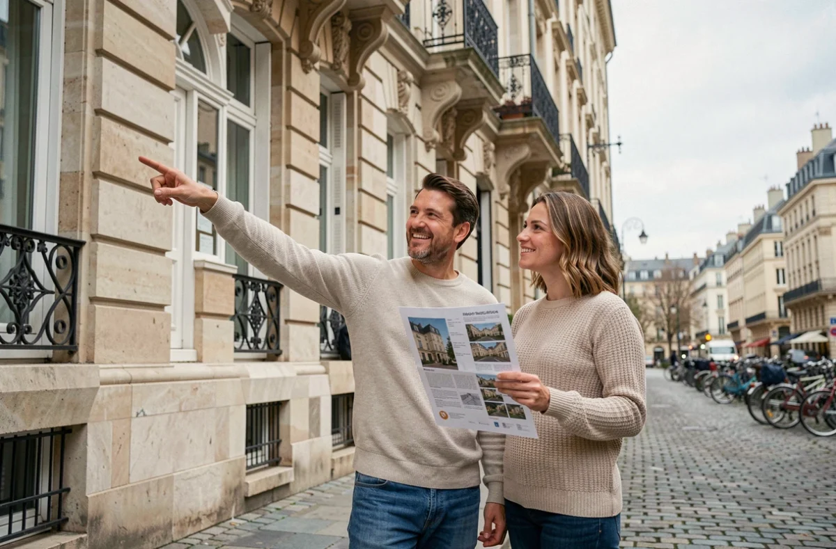 Couple visitant un immeuble haussmannien à Lyon lors d'un projet d'achat immobilier sécurisé