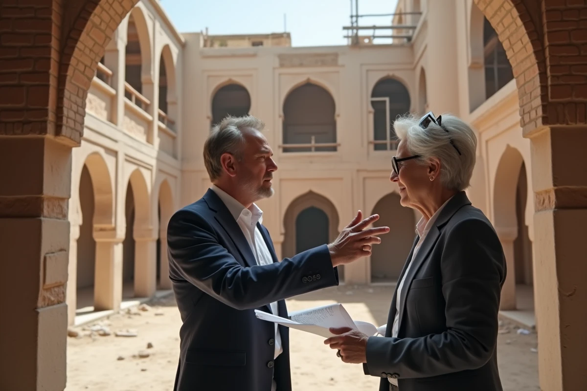 Agent immobilier marocain présentant un riad en cours de rénovation à une acquéreuse européenne dans la médina de Marrakech